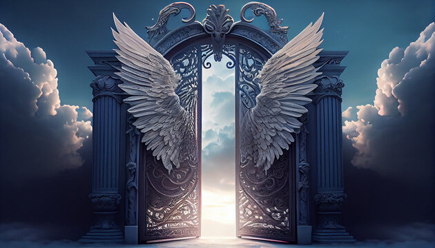 The gates, doors to heaven in the sky with angel wings and clouds, Ai generated image