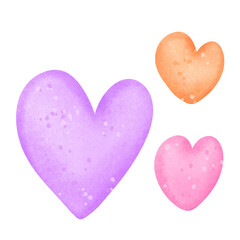 Purple orange pink hearts, watercolor 
