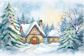 Obraz na płótnie Canvas Watercolor winter landscape Illustration . Christmas village houses with snow spruce forest.