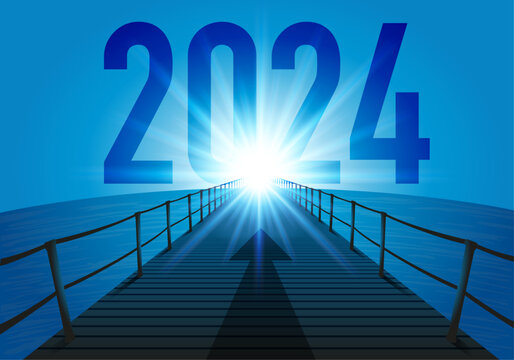 L’année 2024 avec l’objectif à atteindre pour l’avenir d’une entreprise, avec le symbole d’un ponton traversant l’océan en direction du soleil qui brille à l’horizon.