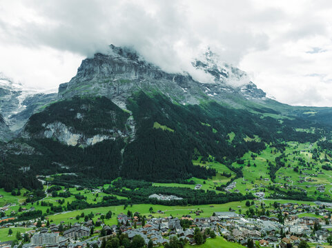 Aerial view of Grindelwald valley with the Mattenberg mountain, Canton of Bern, Switzerland.