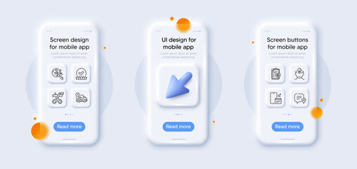 Cut ribbon, Chat bubble and Mental health line icons pack. 3d phone mockups with cursor. Glass smartphone screen. Rating stars, Search flight, Delivery web icon. Vector