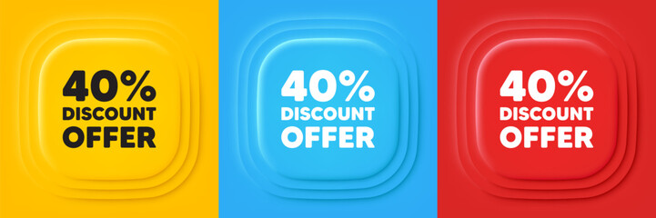 40 percent discount tag. Neumorphic offer banners. Sale offer price sign. Special offer symbol. Discount podium background. Product infographics. Vector