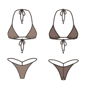 Micro String Bikini technical fashion flat. Swimsuit vector illustration, front and back view, editable mockup template.