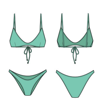 Sporty Cheeky Bikini technical fashion flat. Swimsuit vector illustration, front and back view, editable mockup template.