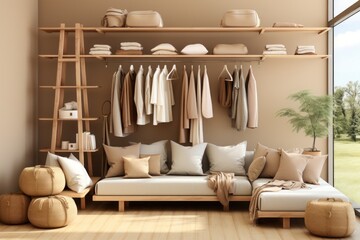 Room in the style of elegant clothing, light brown, collecting and modes of display. Generative AI.