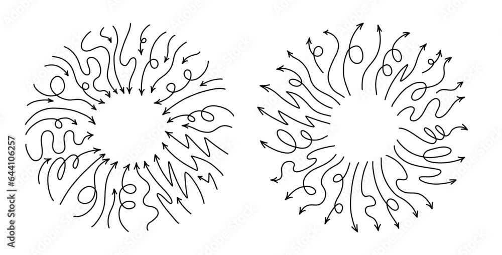 Wall mural round frames with line arrows pointing in and out of center. vector curvy and wavy arrows isolated o