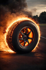  The tire, engulfed in flames, leaves a fiery trail in its wake as it speeds forward with lightning velocity