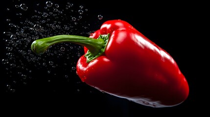 red bell pepper with stem and water drops on black background