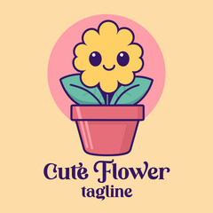 Cute flower in pot cartoon - flat vector design for nature-themed object icon