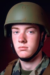 cropped portrait of a young soldier wearing his helmet