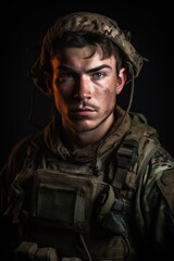 Fototapeta premium portrait of a young soldier in combat gear ready to face any danger