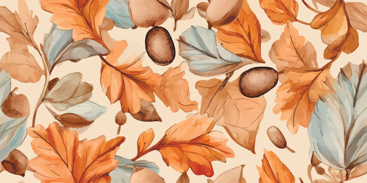 Autumn seamless pattern with different leaves and plants, seasonal colors
