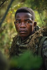 shot of a young soldier standing in front of an african bush
