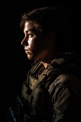 Obraz premium portrait of an armed soldier backlit against a dark background