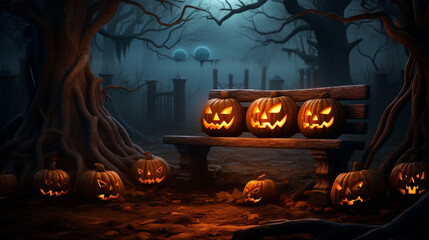 Halloween pumpkins on wooden bench