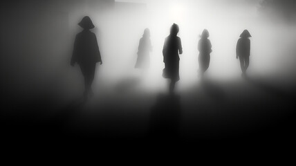 black and white silhouettes and shadows of people in the morning urban fog.