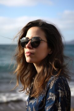 a photo of a beautiful woman wearing sunglasses with ocean in the background