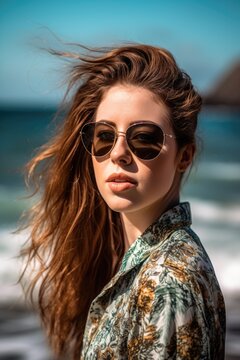 a photo of a beautiful woman wearing sunglasses with ocean in the background