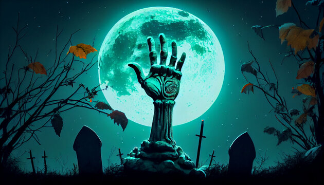 Zombie Hand Rising Out .and Halloween pumpkin Of garden forest cemetery at night full moon beautiful, Ai generated image