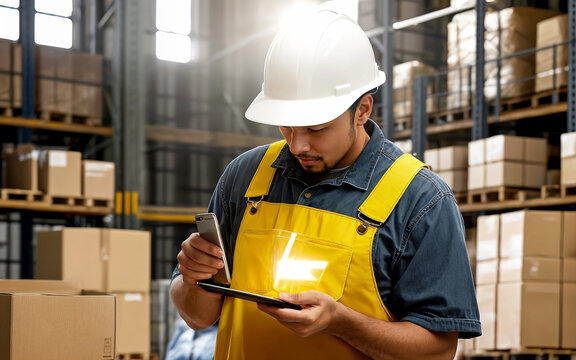 Worker in protective clothing and helmet in warehouse with boxes, inventory of products