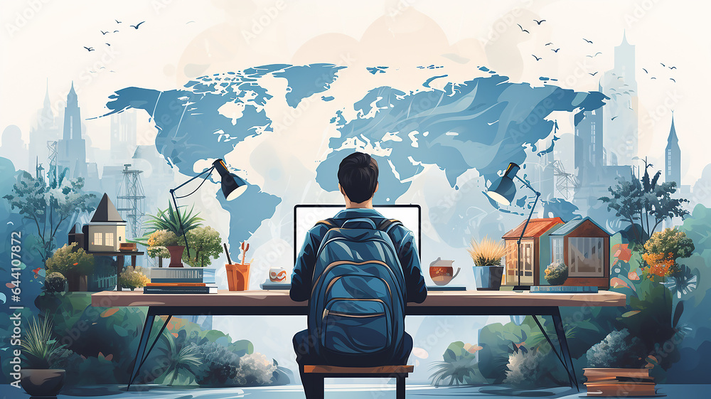 Poster student at the table view from the back learning global drawing picture graphics