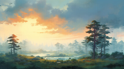 Naklejka premium vintage oil painting sunset lonely tree nature landscape.