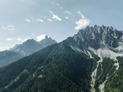 Aerial view of Croda dei Baranci (Birkenkofel) mountain peak on the Dolomites range, San Candido (Innichen), Trentino, South Tyrol, Italy.