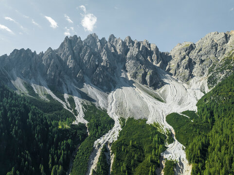 Aerial view of Croda dei Baranci (Birkenkofel) mountain peak on the Dolomites range, San Candido (Innichen), Trentino, South Tyrol, Italy.