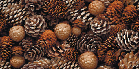 Vector seamless background with fir tree branches and cones.