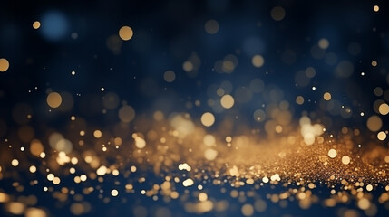 Abstract background with Dark blue and gold particle. Christmas Golden light shine particles bokeh on navy blue background. Gold foil texture. Holiday concept. See Less