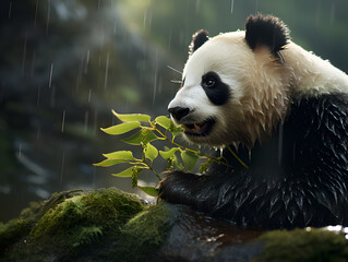 Fototapeta premium Panda in a forest under the rain. Cute giant panda bear in nature. Panda in a forest in it's natural habitat