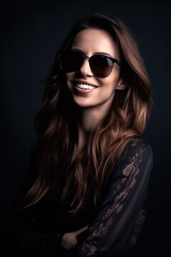 model, sunglasses and woman with a smile on dark wall background in advertising or fashion