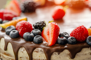 close uo of chocolate cake with berries
