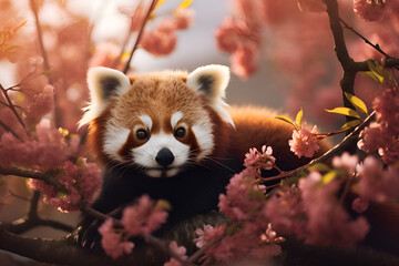Red panda chilling on a tree in a sakura garden. Cute small red panda on a blooming tree in a...