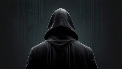 Anonymous hacker. Man, portrait, dark, back side. 