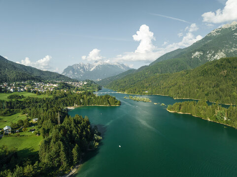 Aerial view of Lago di Cadore (Cadore Lake) on the Dolomites mountains, Belluno, Veneto, Italy.