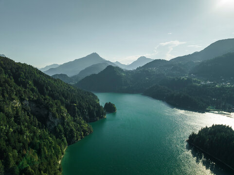 Aerial view of Lago di Cadore (Cadore Lake) on the Dolomites mountains, Belluno, Veneto, Italy.