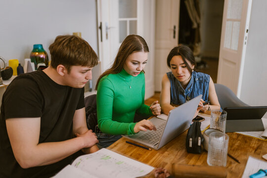 Young friends using laptop while doing school assignment together at home