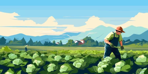 Fotobehang Farm landscape with agriculture field and farmer with crate of vegetables. Worker collecting harvest on plantation. Man in farmland with box of cabbages. Flat vector illustration of agronomist © Alena