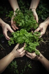 Naklejka na ściany i meble hands of a team with plants growing in soil for community farm or agriculture project