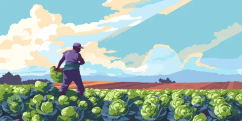 Fototapeten Farm landscape with agriculture field and farmer with crate of vegetables. Worker collecting harvest on plantation. Man in farmland with box of cabbages. Flat vector illustration of agronomist © Alena