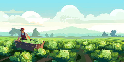 Farm landscape with agriculture field and farmer with crate of vegetables. Worker collecting harvest on plantation. Man in farmland with box of cabbages. Flat vector illustration of agronomist © Alena