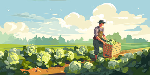 Farm landscape with agriculture field and farmer with crate of vegetables. Worker collecting harvest on plantation. Man in farmland with box of cabbages. Flat vector illustration of agronomist © Alena