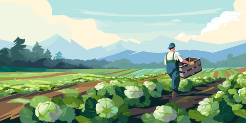 Farm landscape with agriculture field and farmer with crate of vegetables. Worker collecting harvest on plantation. Man in farmland with box of cabbages. Flat vector illustration of agronomist