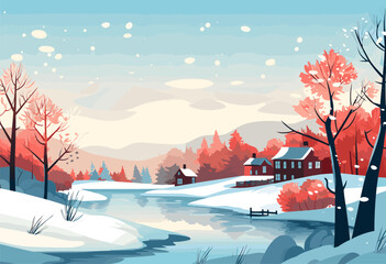 Winter landscape and houses on a vector background with snowflakes falling from the sky. Christmas winter landscapes of cold weather and rustic houses in urban or rural forest, snowy hills and fields