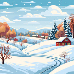 Winter landscape and houses on a vector background with snowflakes falling from the sky. Christmas winter landscapes of cold weather and rustic houses in urban or rural forest, snowy hills and fields