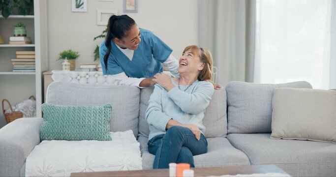 Caregiver, Conversation And Happy Elderly Woman Speaking, Chat And Discussion About Support, Senior Care Or Health Service. Retirement Healthcare, Nursing Home Help And Nurse Talking To Relax Patient