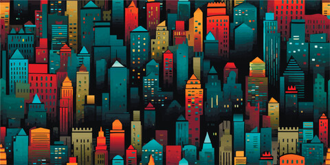 Hand drawn seamless pattern with big city New York. Vector vintage illustration with NYC architecture, skyscrapers, megapolis, buildings, downtown. © Eli Berr