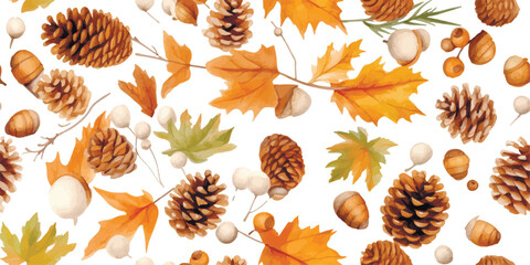 Delightful Seamless Pattern Showcasing The Natural Beauty Of Acorns And Pine Cones, Creating A Charming And Rustic Design Suitable For Wallpaper, Textile and Decor. Cartoon Vector Illustration